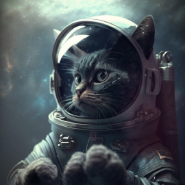 Small cat wearing an astronaut outfit floating in space